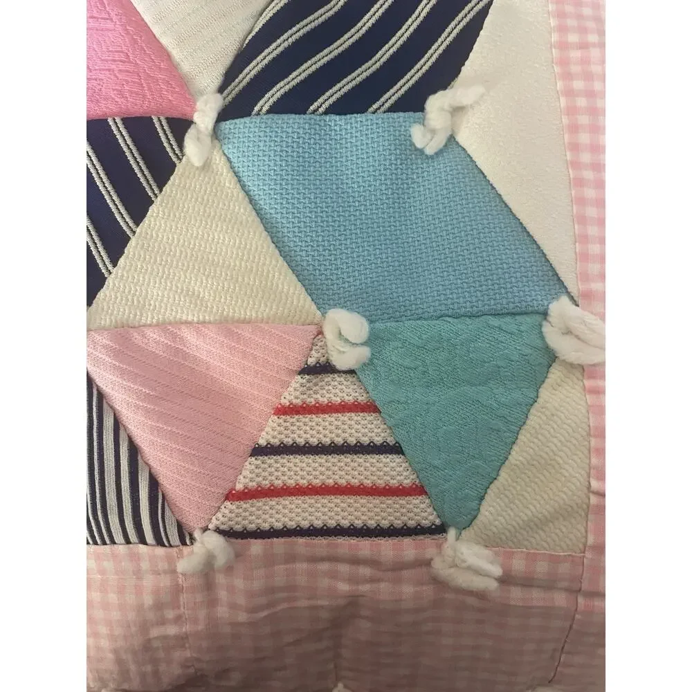 Vintage Handmade Necktie Quilt Tumbling Blocks Patchwork Hand Tied 82x75